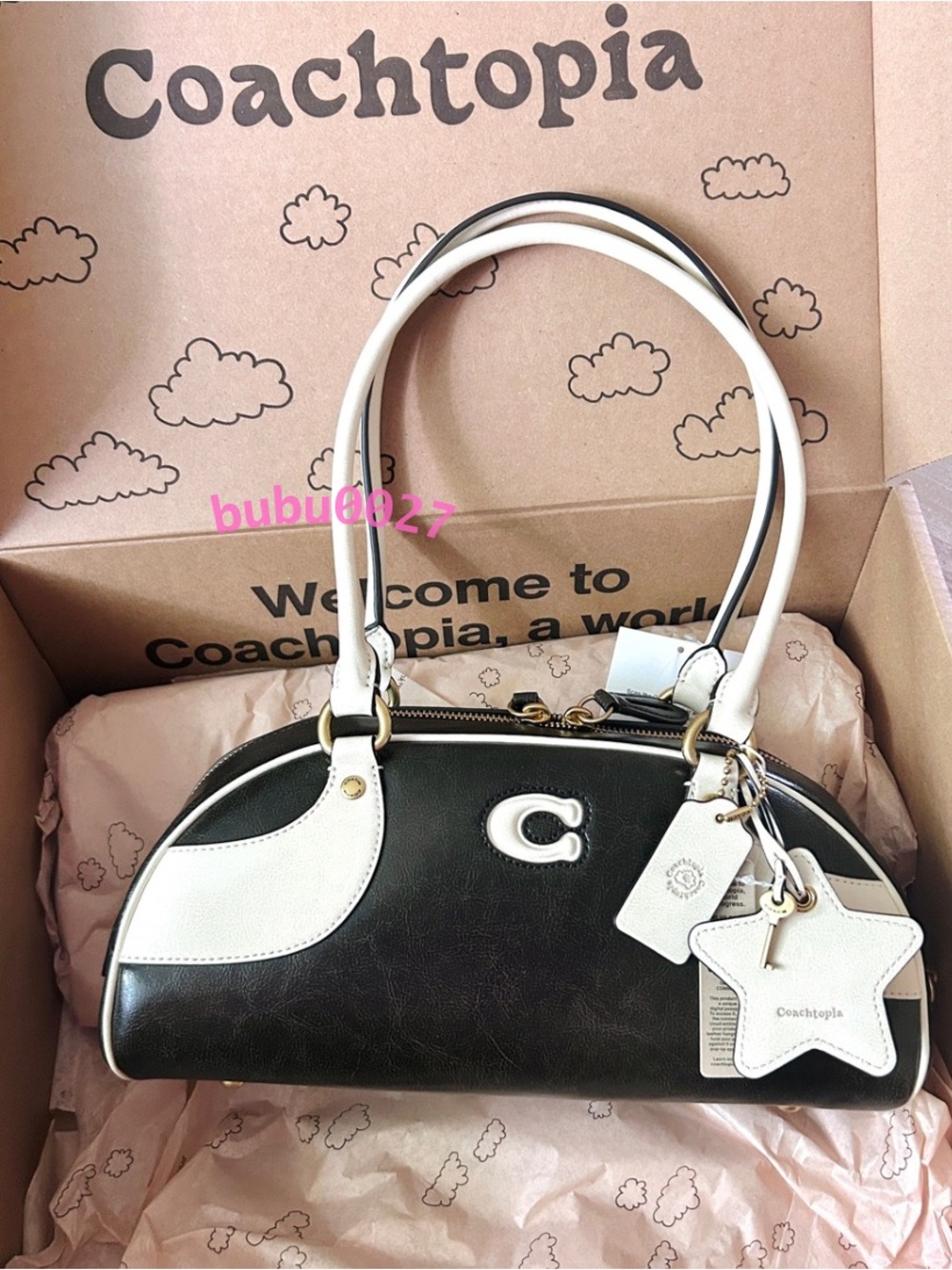NWT🖤Coach Coachtopia Bowling Shoulder Bag Black Charm Upcraftedleather y2k CDU49